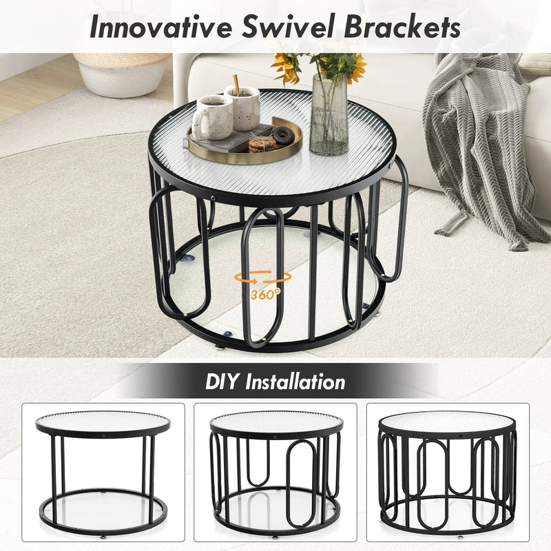 24 Inch Round Coffee Table with Reeded Tempered Glass Top and Oval Swivel Brackets by DirectDeals