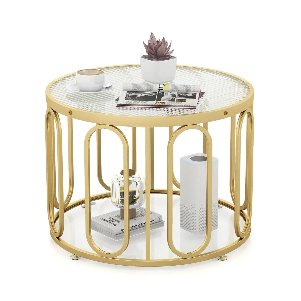24 Inch Round Coffee Table with Reeded Tempered Glass Top and Oval Swivel Brackets, photo 9 of 9