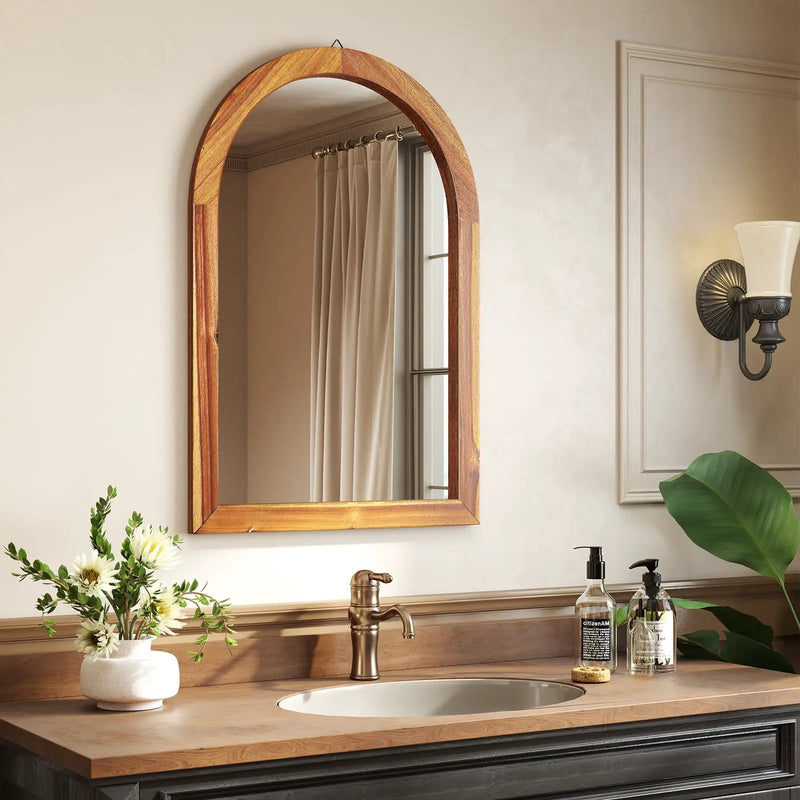 24 Inch x 35 Inch Arched Wall Mirror with Solid Acacia Wood Frame-Brown by DirectDeals