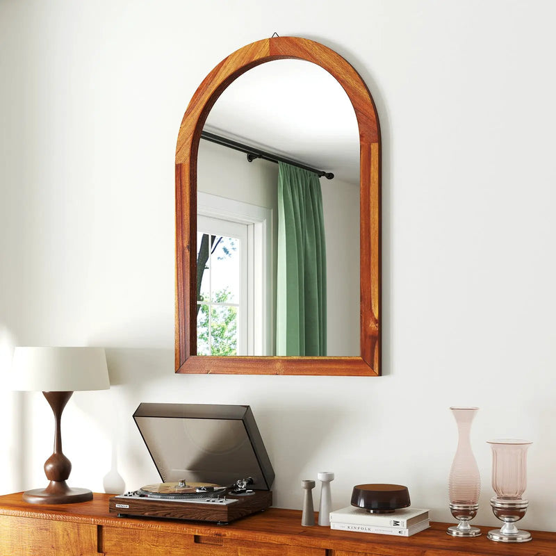 24 Inch x 35 Inch Arched Wall Mirror with Solid Acacia Wood Frame-Brown by DirectDeals