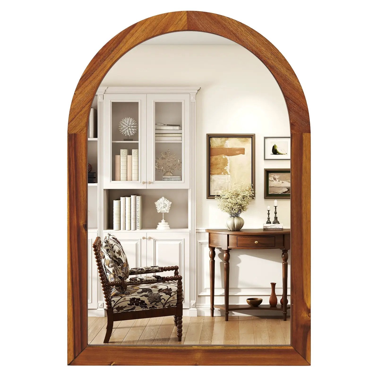 24 Inch x 35 Inch Arched Wall Mirror with Solid Acacia Wood Frame-Brown by DirectDeals