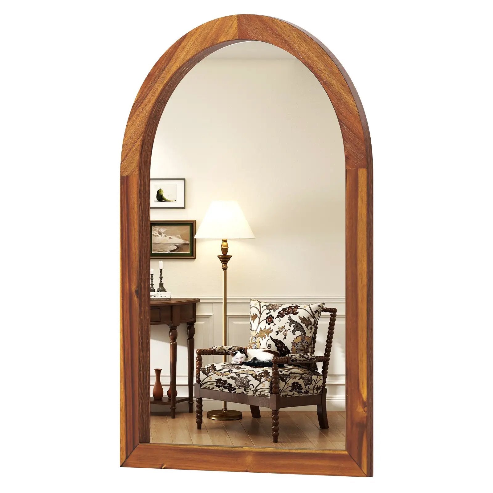 24 Inch x 35 Inch Arched Wall Mirror with Solid Acacia Wood Frame-Brown by DirectDeals