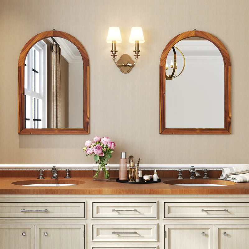 24 Inch x 35 Inch Arched Wall Mirror with Solid Acacia Wood Frame-Brown by DirectDeals