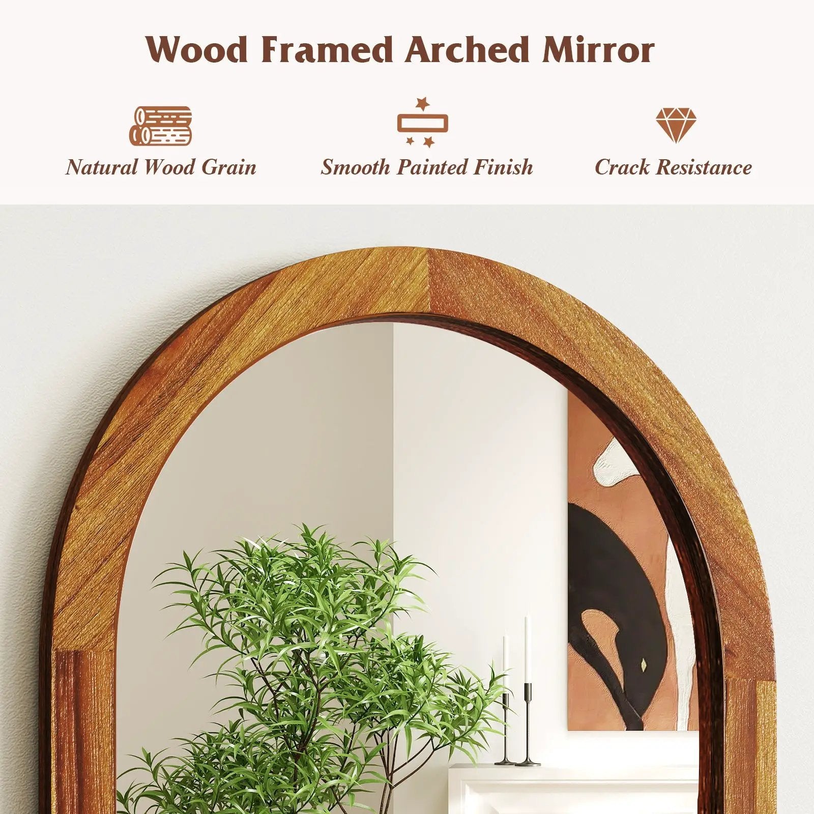 24 Inch x 35 Inch Arched Wall Mirror with Solid Acacia Wood Frame-Brown by DirectDeals