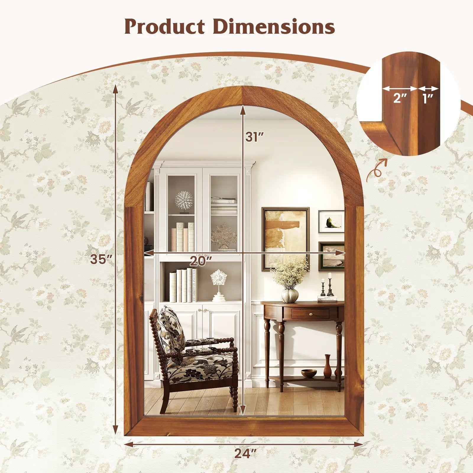 24 Inch x 35 Inch Arched Wall Mirror with Solid Acacia Wood Frame-Brown by DirectDeals