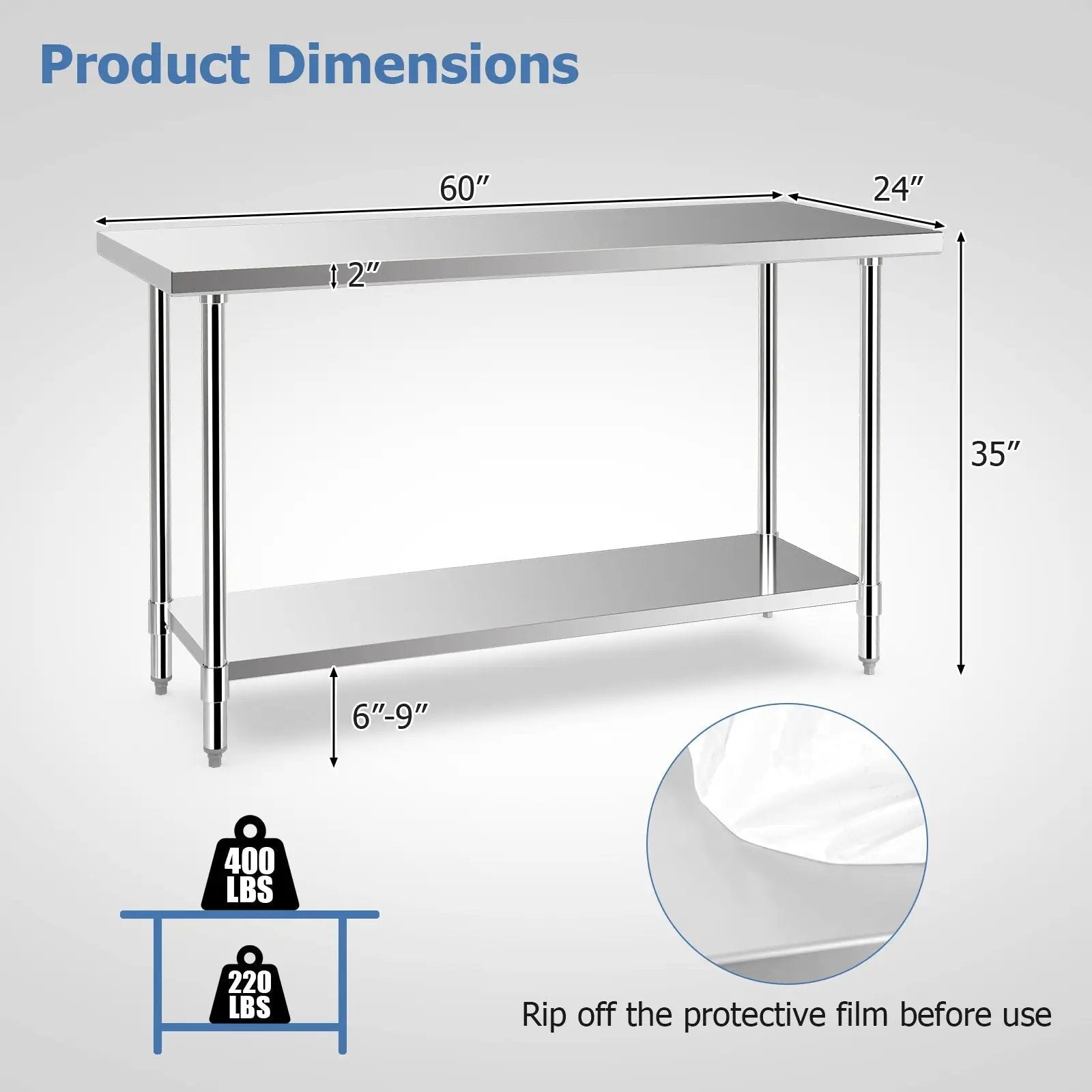 24 x 60 Inches Stainless Steel Kitchen Prep Work Table with Adjustable Undershelf by DirectDeals