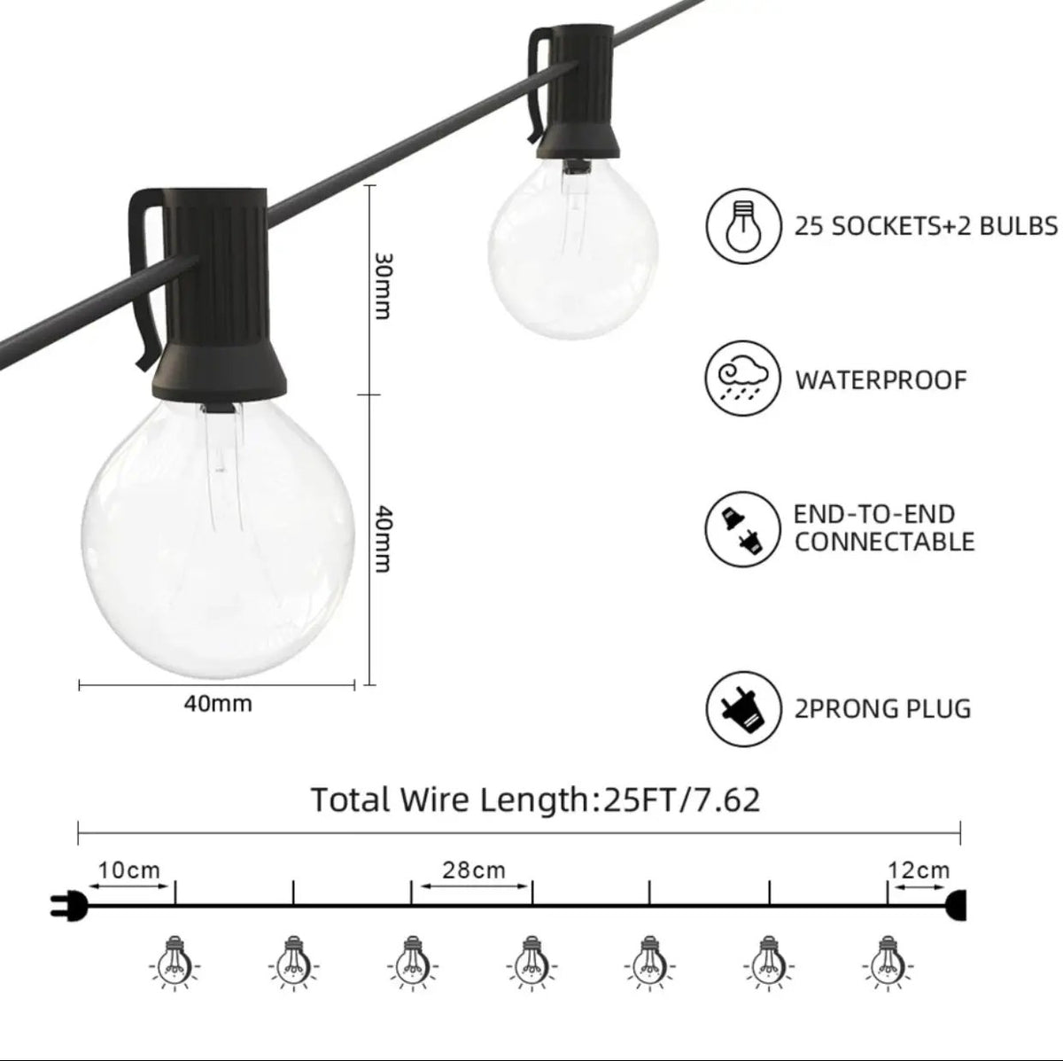 25 Ft Plug-In Outdoor String Light G40 Globe Patio Lights with 26 Edison Glass Bulbs Hanging Light by Outdoor Solar Outlet