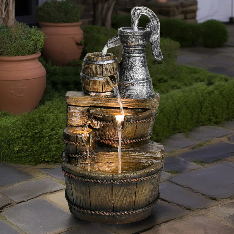 Resin Broken Barrel Rustic Outdoor Fountain 25 Inch LED