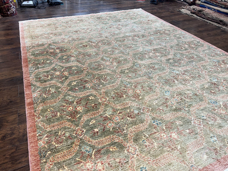 Large Modern Pakistani Rug 9x12, Handmade Wool Carpet, Peshawar Rug, Hand Knotted Oriental Rug, Contemporary, Floral, Light Green by Jewel Rugs