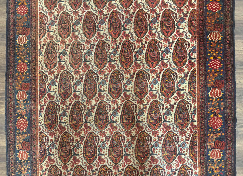 Antique Persian Kurdish Senneh Rug 4.6 x 6.5, Repeated Paisely Boteh Design, Handmade by Jewel Rugs