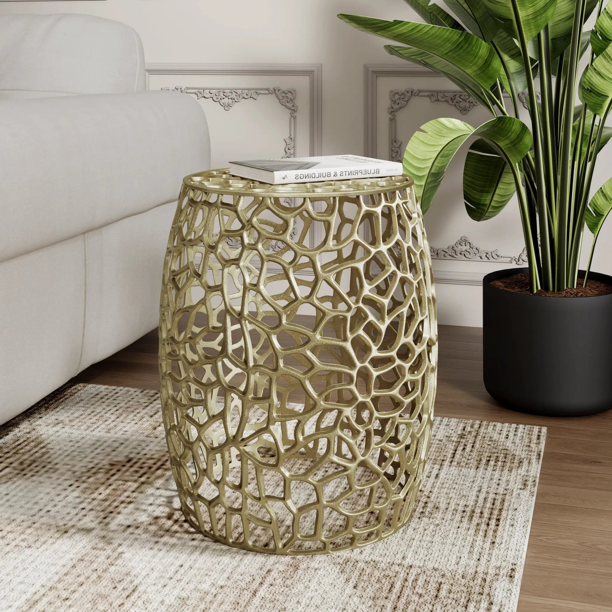 Aluminum Drum End Table with Intricate Design in Gold by HouseOfZazla