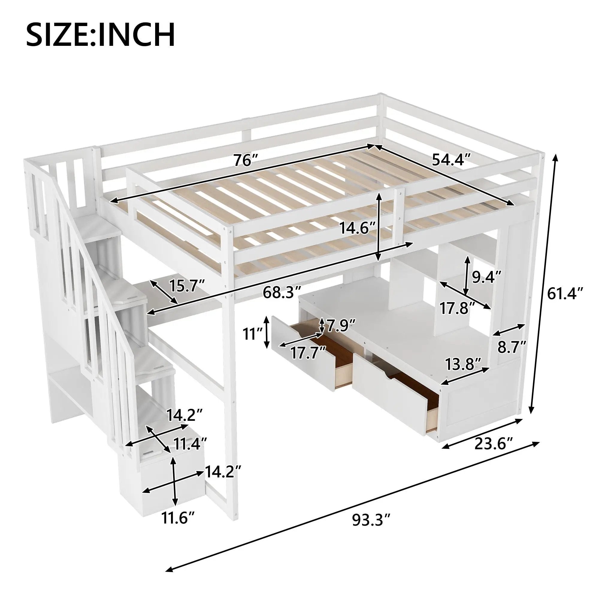 Full Size Loft Bed With Desk And Shelves, 2 Built In Drawers, Storage Staircase - White by Unique Piece Furniture