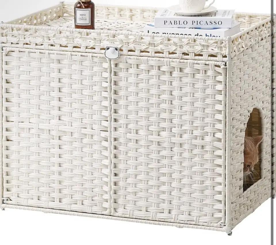 Brand New SETVSON Cat Litter Box Enclosure Furniture, Handwoven Rattan Hidden Litter Box with Mat, Large Space Cat House with 2 S-Shaped Hooks 30.3 x 18.3 x 24.4 Inches, Indoor for Living Room Apartment White PABLO by Selzalot