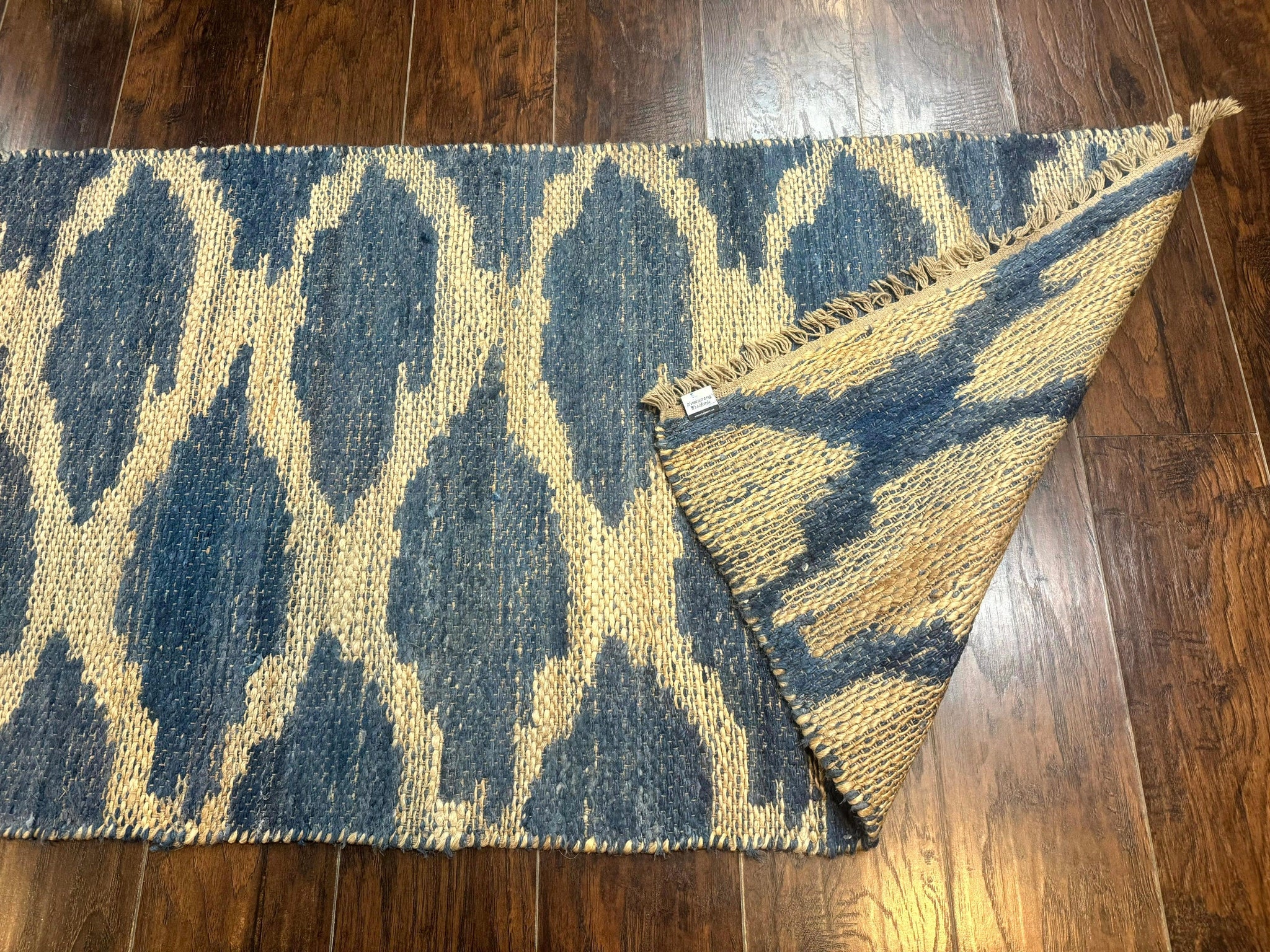 Modern Jute Runner Rug 2.9 x 7.9, Beige and Blue, Handwoven, Kaleen Rug by Jewel Rugs