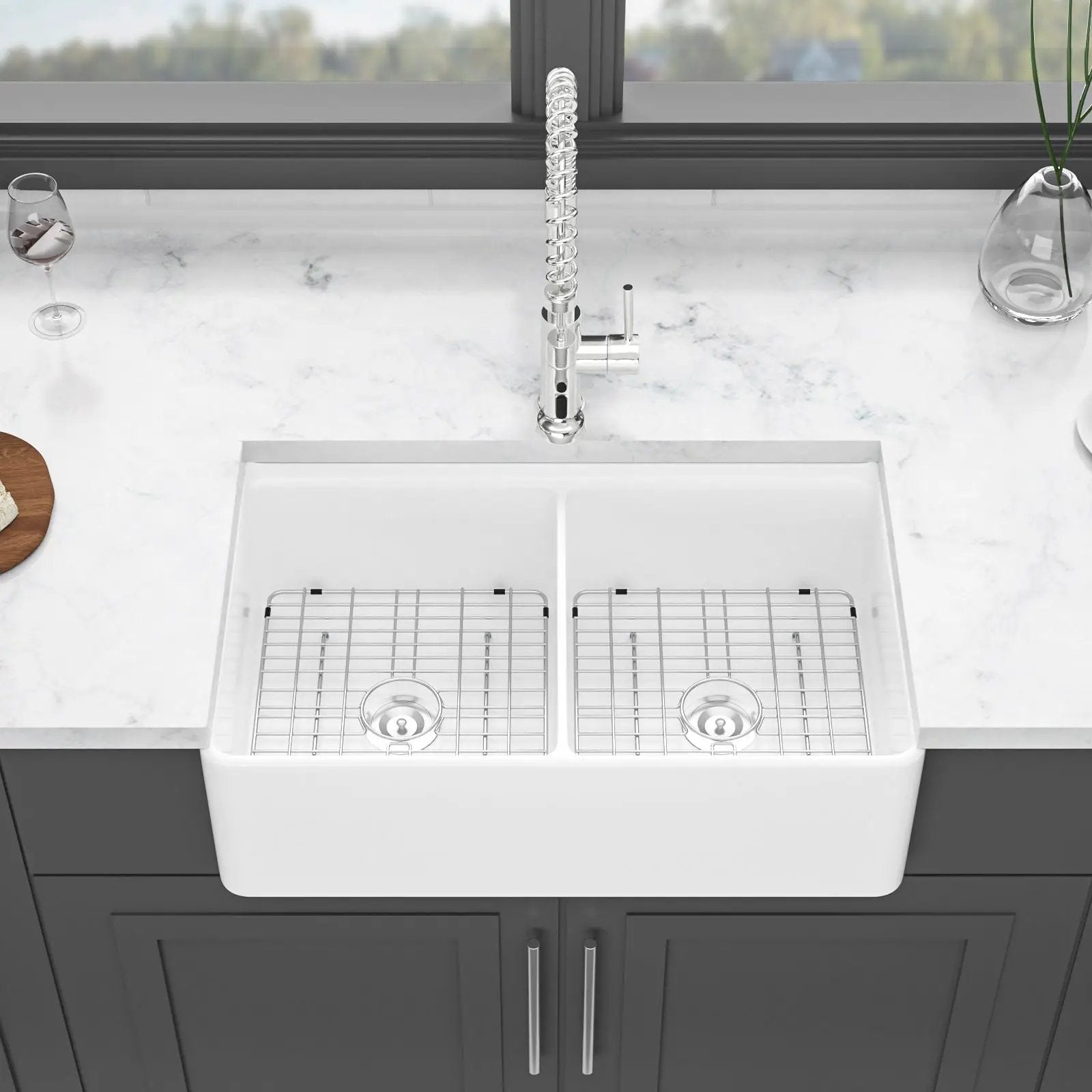 Double Bowl Sink Workstation 33" With Built In Work Surface And Accessories - White by HouseOfZazla