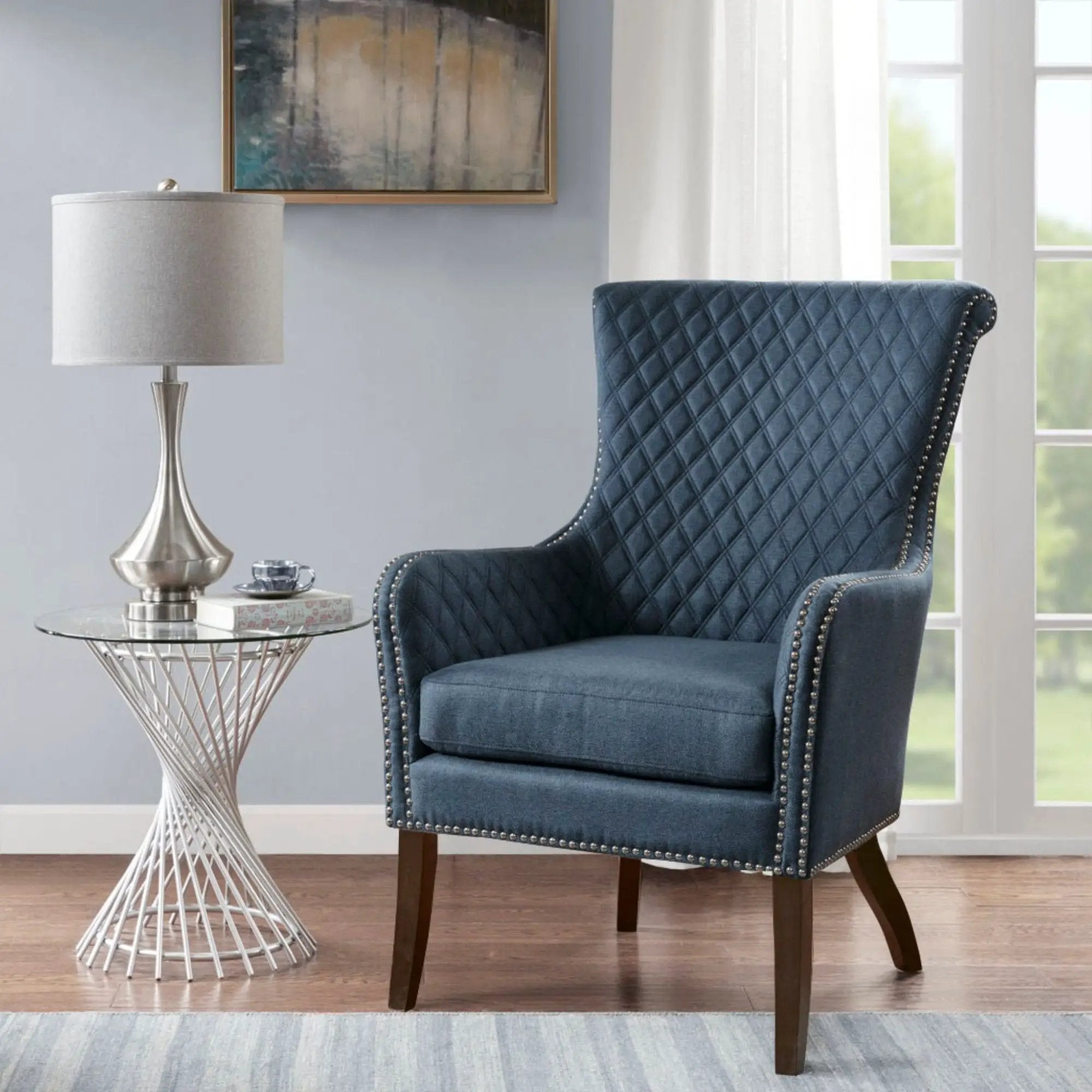 Accent Chair With Quilted Back And Silver Studs - Dark Blue by Unique Piece Furniture