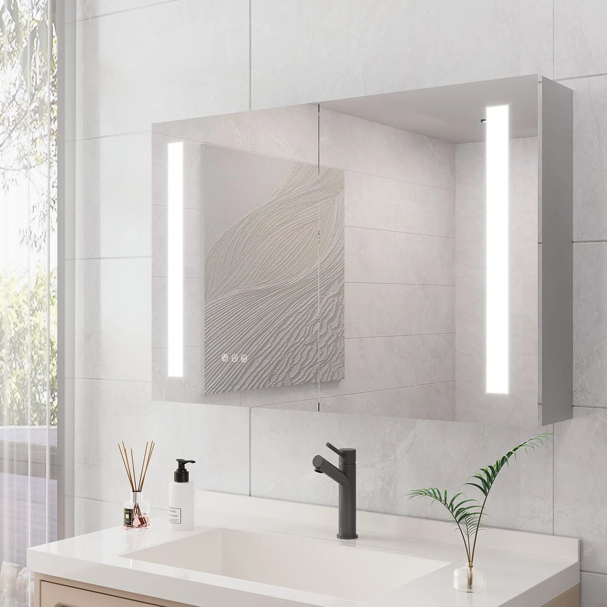 LED Medicine Cabinet With Mirror, Double Door With Defogger, Dimmer, Surface Mount by HouseOfZazla