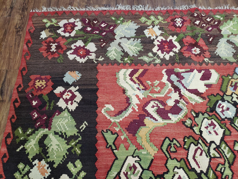 Karabakh Rug 8x11, Caucasian Kilim Rug, Vintage Antique Turkish Anatolian Azerbaijani Carpet, Wool Red & Black Hand-Woven 8 x 11 Living Room by Jewel Rugs