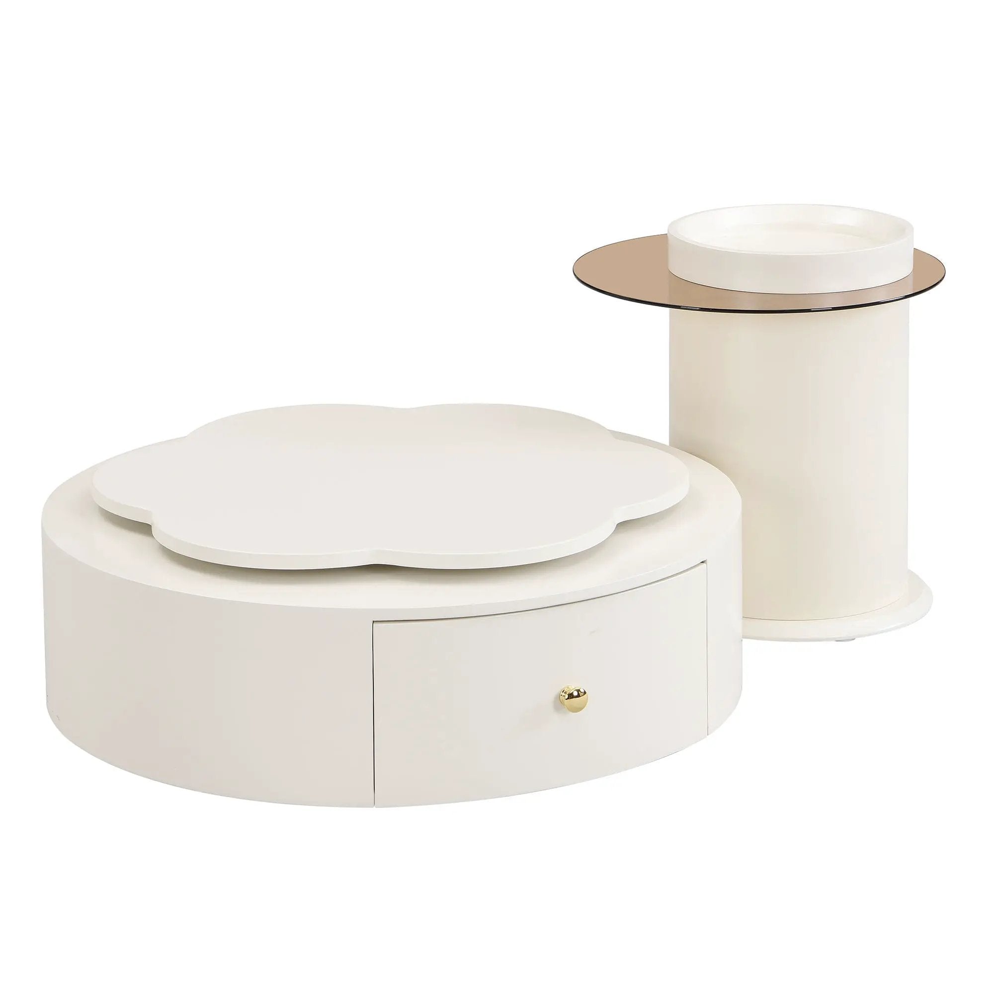 Modern Round Coffee Table (Set of 2), 360 Degree Rotatable Flower Shaped Top With 2 Drawers, Top Circle Side Table End Table With Glass For Living Room - Off White by HouseOfZazla