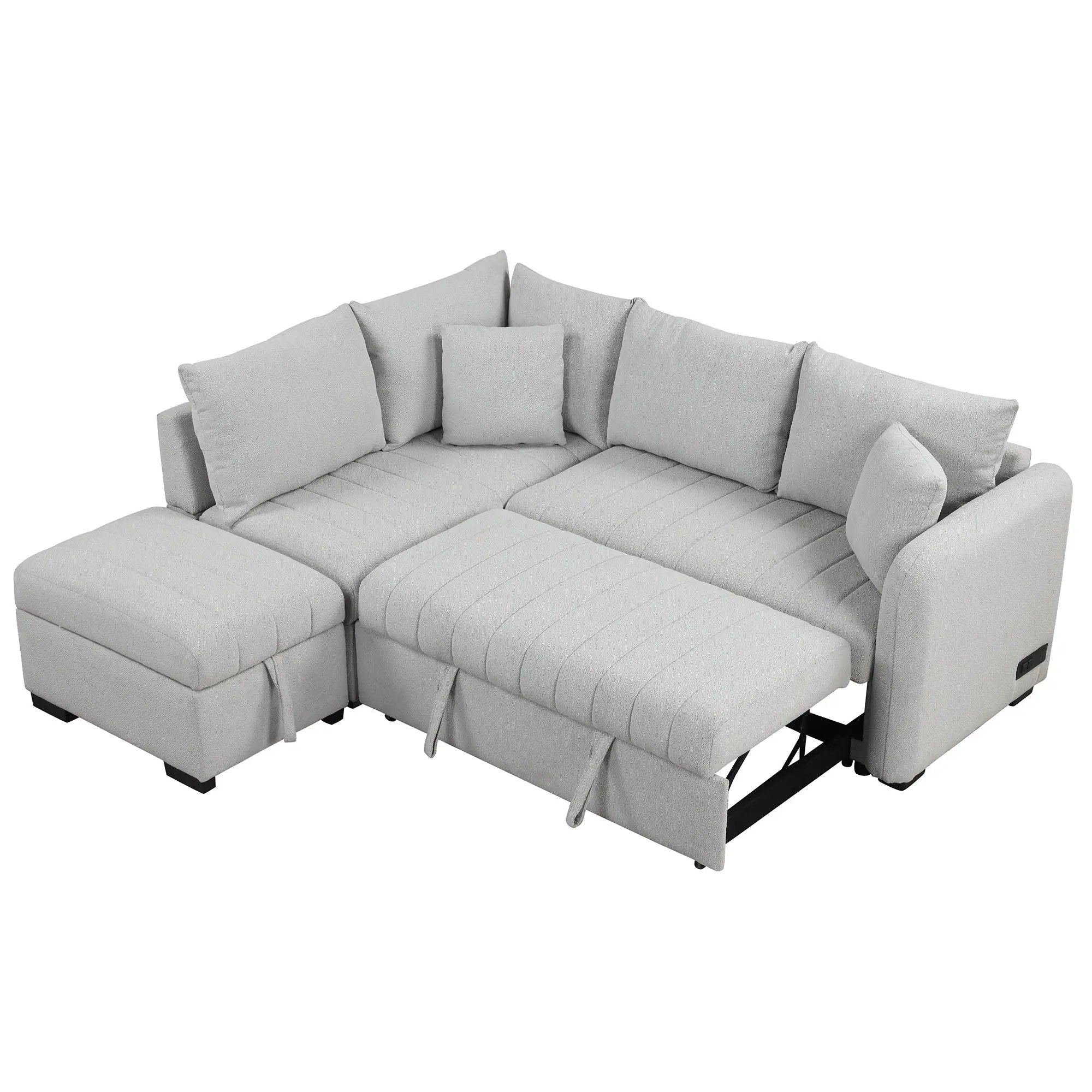 L-Shaped Sectional Pull Out Sofa Bed Sleeper Sofa With Two USB Ports, Two Power Sockets And A Movable Storage Ottoman by HouseOfZazla