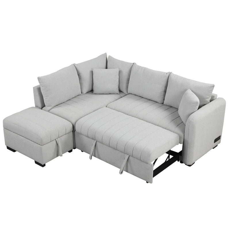 L-Shaped Sectional Pull Out Sofa Bed Sleeper Sofa With Two USB Ports, Two Power Sockets And A Movable Storage Ottoman by HouseOfZazla
