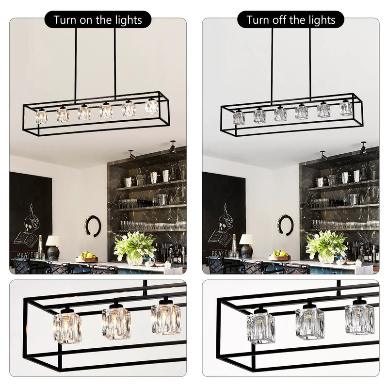 6 Light Farmhouse Chandelier, Modern Industrial Linear Rectangular Crystal Pendant Light Cage Chandelier For Dining Room, Kitchen Island, Bar, Long Table, G9*6 Bulbs Included - Matte Black by HouseOfZazla
