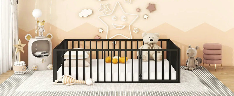 Metal Floor Bed Frame With Fence And Door by HouseOfZazla