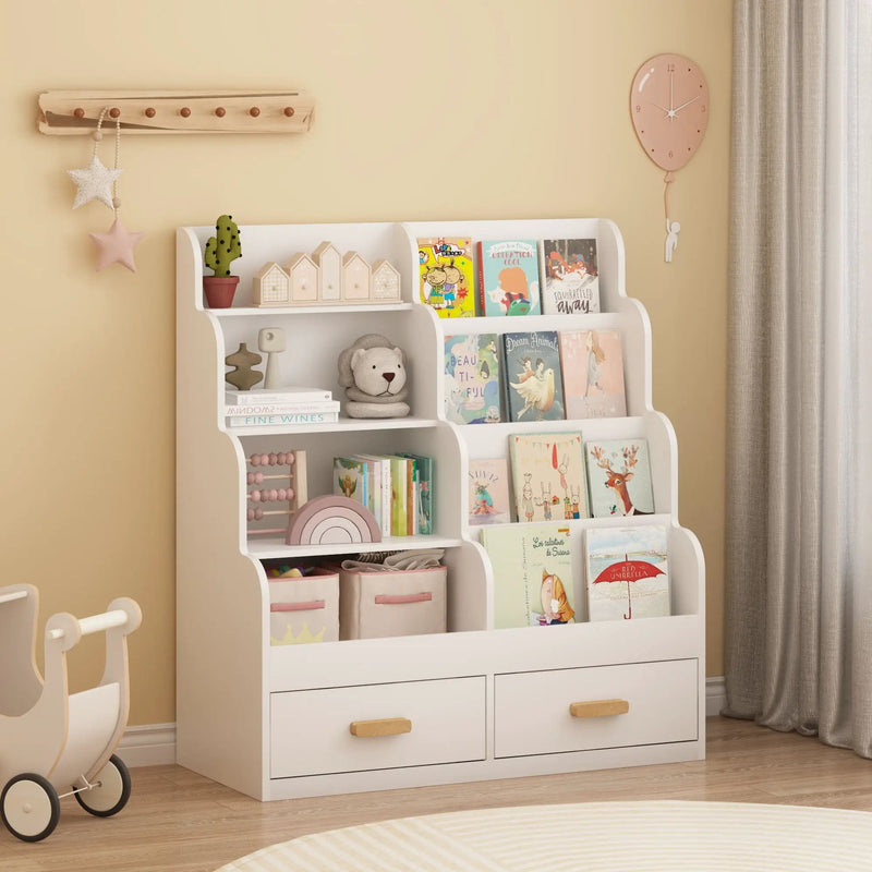 Bookshelf With 2 Storage Drawers, Front Facing Bookcase And Toy Organizer, Multi Tier Reading Shelf - White by Unique Piece Furniture