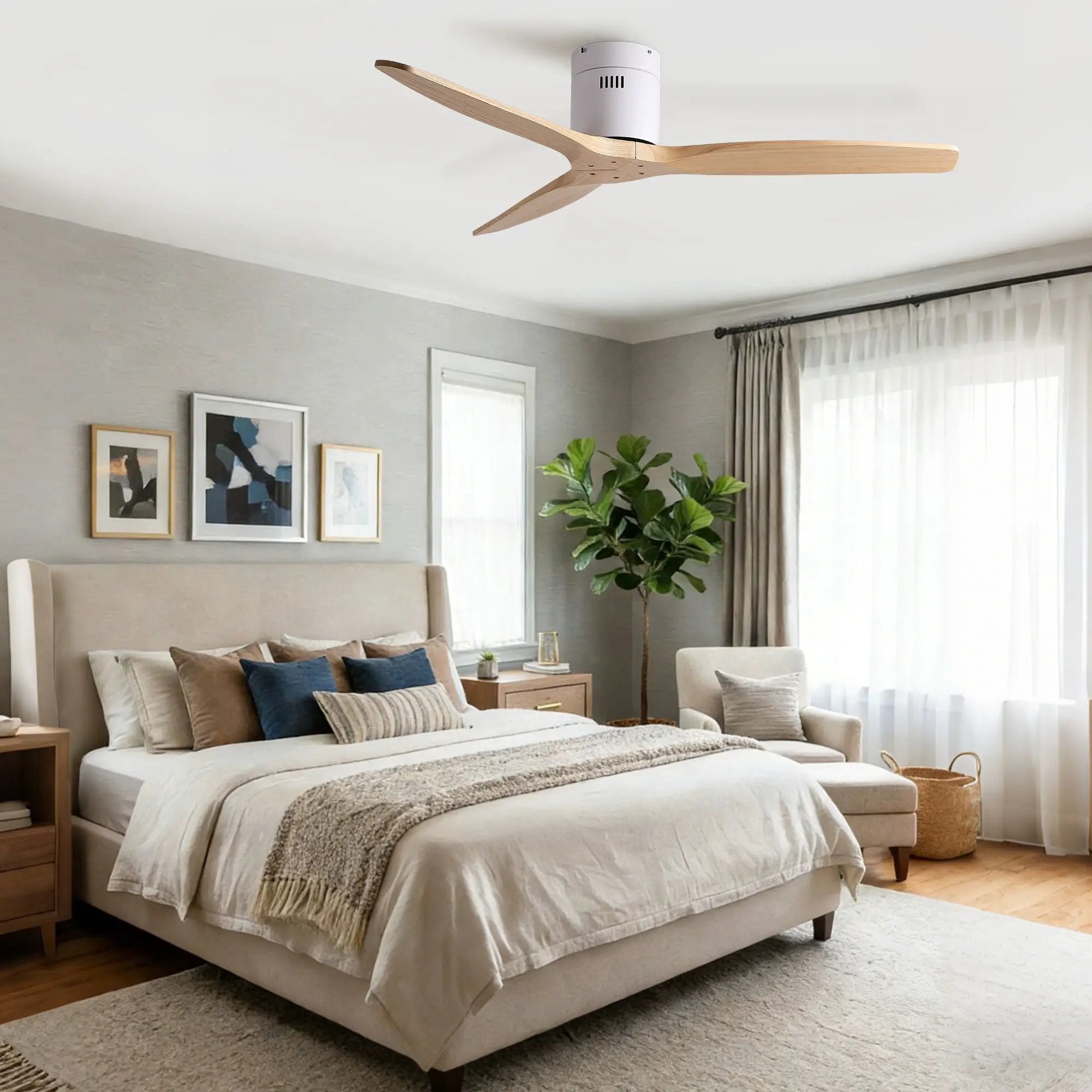 Low Profile Flush Ceiling Fan Without Light - Matte White / White by HouseOfZazla