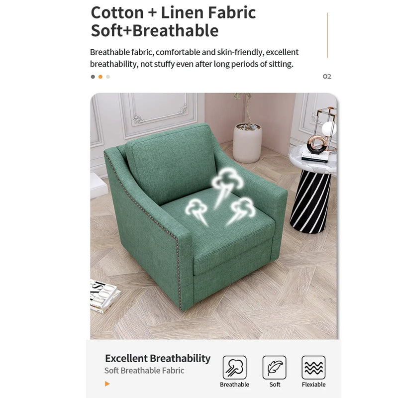 360 Degree Swivel Armchair Cotton Linen Fabric with Brass Nail Detailing by HouseOfZazla