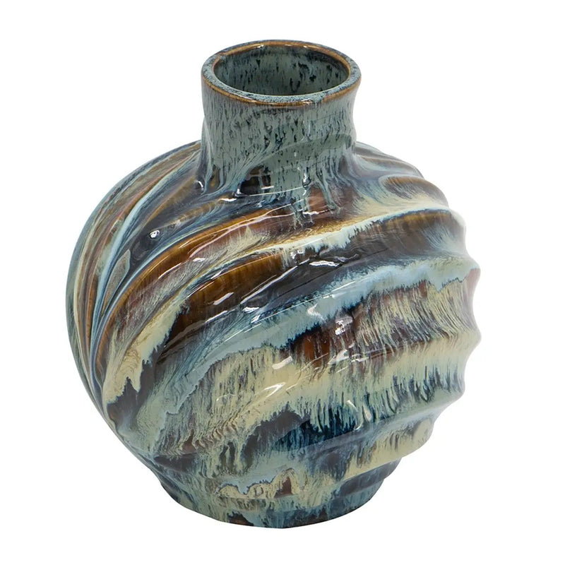 9.4x9.4x11" Blue and Brown Reactive Glazed Accent Vase by HouseOfZazla