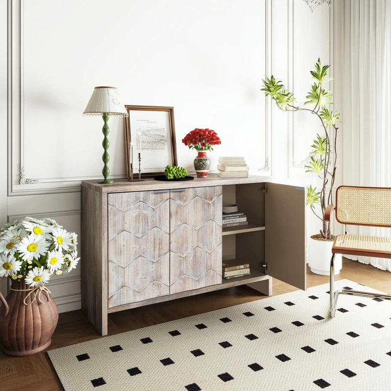 Accent Cabinet Farmhouse Style 3 Door Wooden Cabinet Sideboard Buffet Server Cabinet Storage Cabinet, For Living Room - Natural Wood Wash by Unique Piece Furniture
