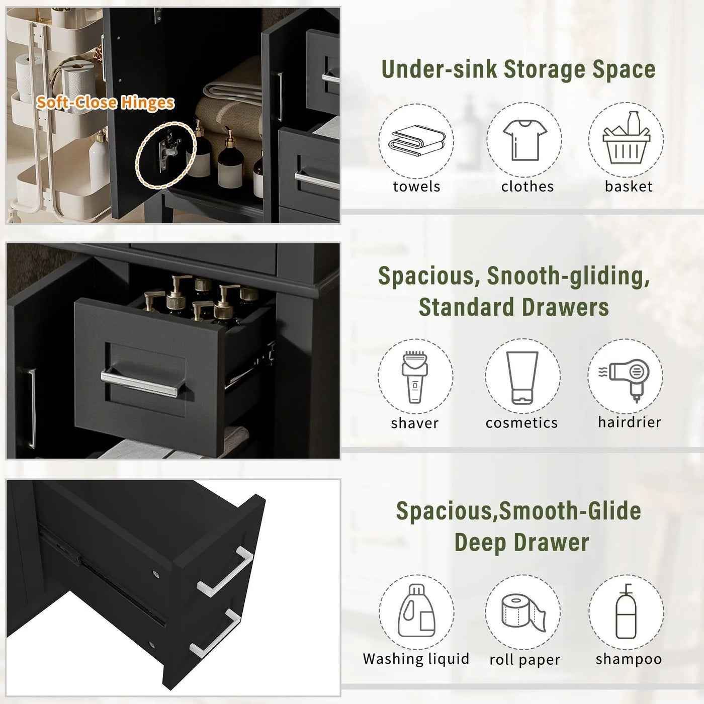 Modern Bathroom Vanity With Sink, Storage Cabinet, Soft Close Doors, Deep & Standard Drawers by Unique Piece Furniture