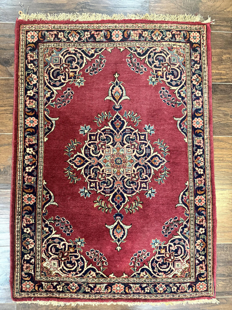 Small Persian Kashan Rug 2x3, Red and Navy Blue, Handmade Vintage Wool Semi Antique Persian Carpet, Semi Open Field by Jewel Rugs