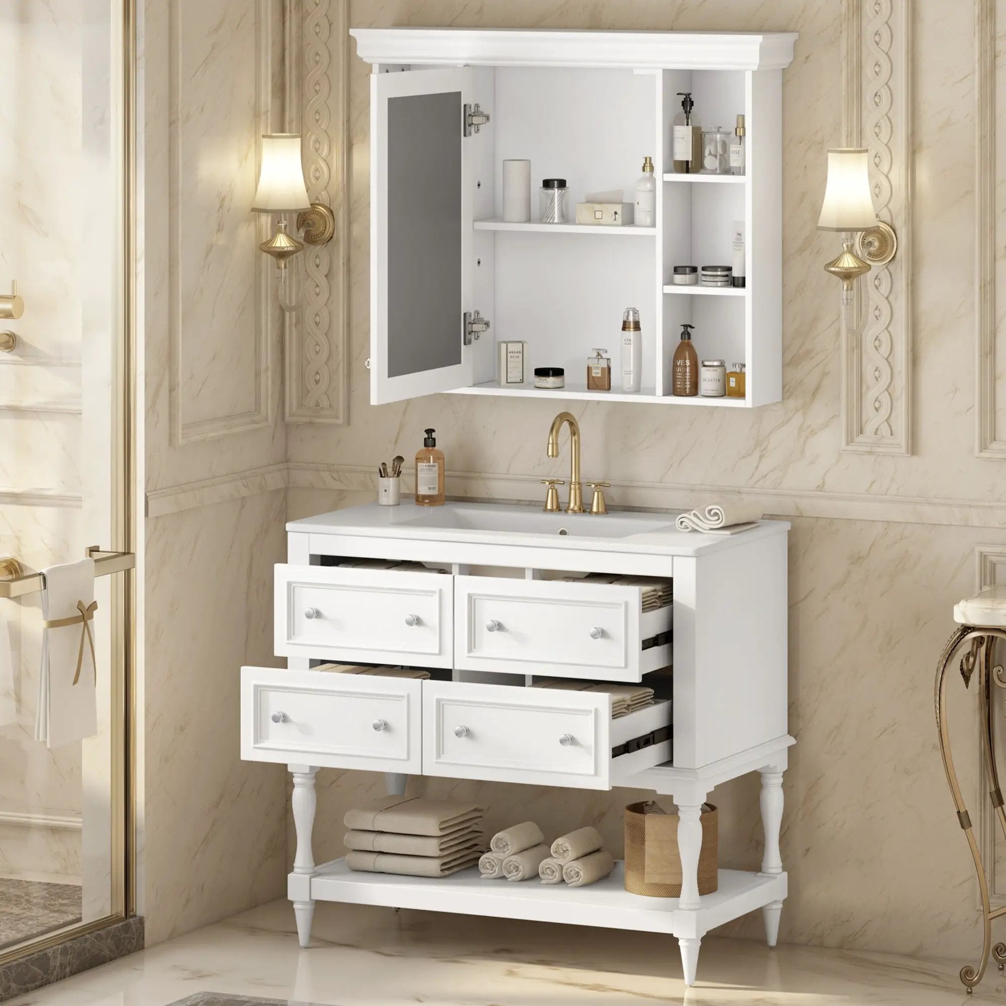 Bathroom Vanity With Medicine Cabinet, Storage Cabinet With 4 Drawers, Adjustable Shelf Mirror by Unique Piece Furniture