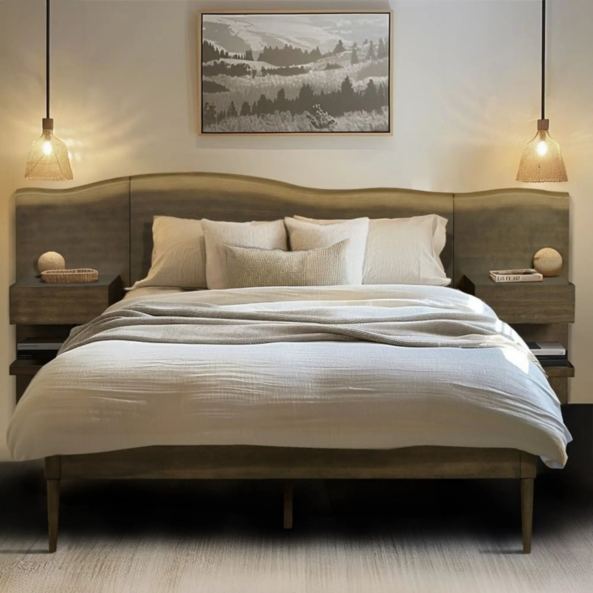 Queen Size Platform Bed Frame With Live Edge Headboard, Built In Nightstands - Dark Brown by HouseOfZazla