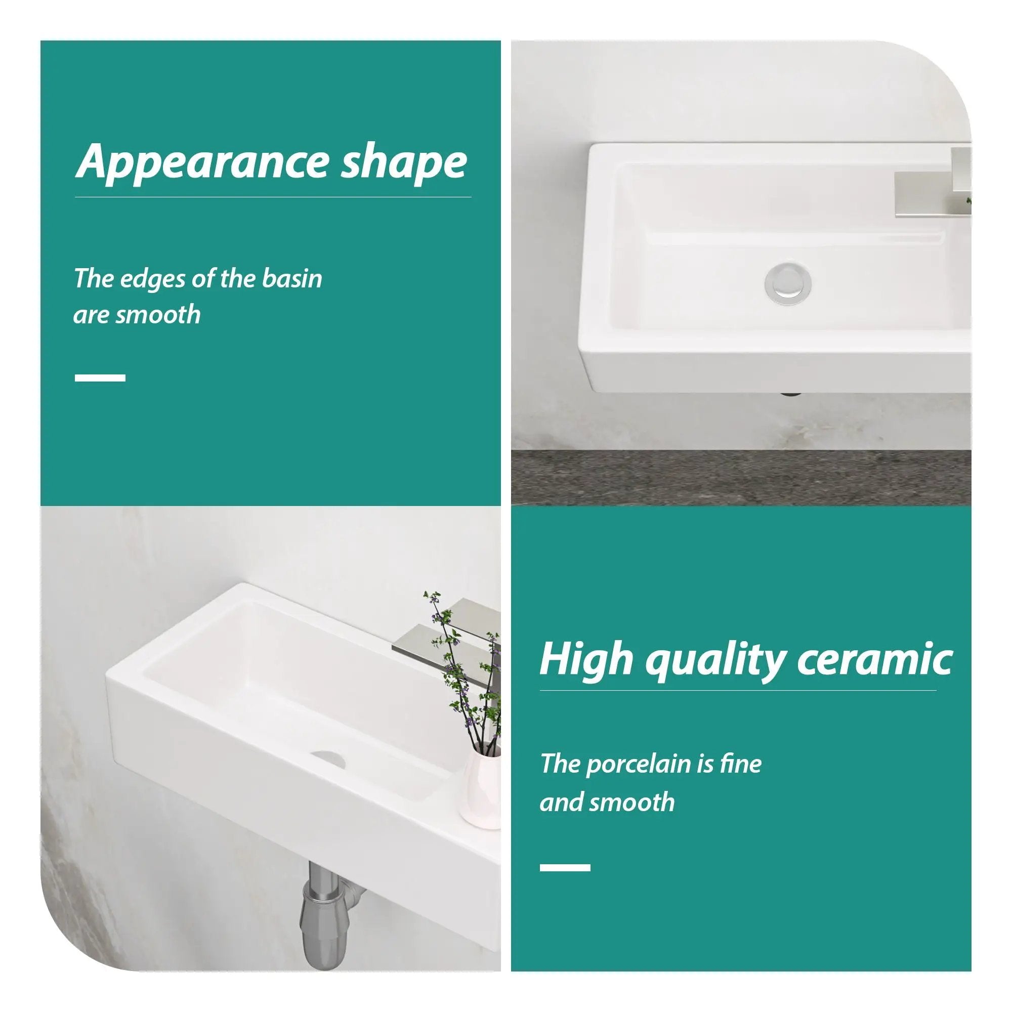 Modern Ceramic Rectangle Wall Mount Bathroom Sink With Single Faucet Hole - White by HouseOfZazla