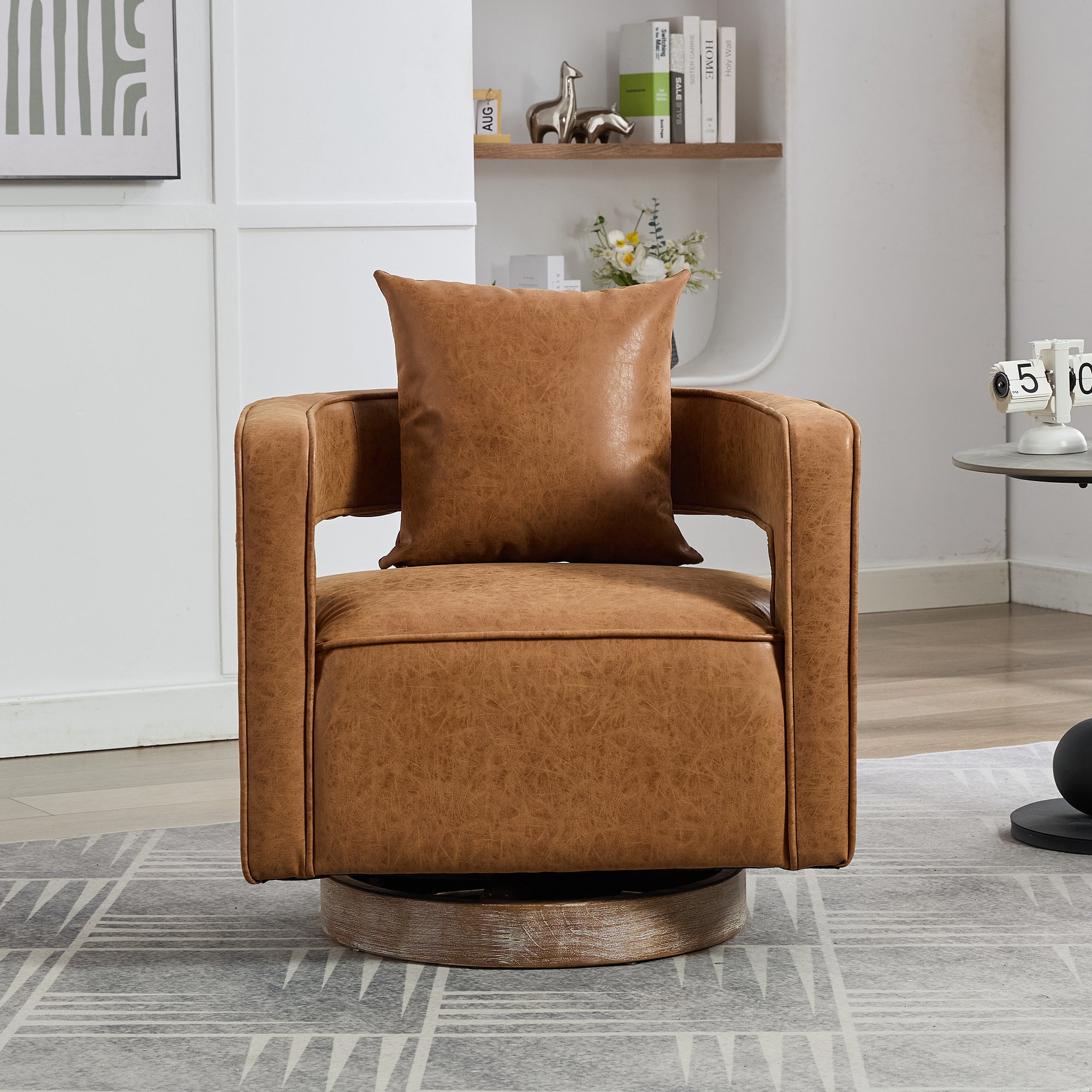28.9"W Swivel Accent Open Back Barrel Chair in Brown PU by HouseOfZazla
