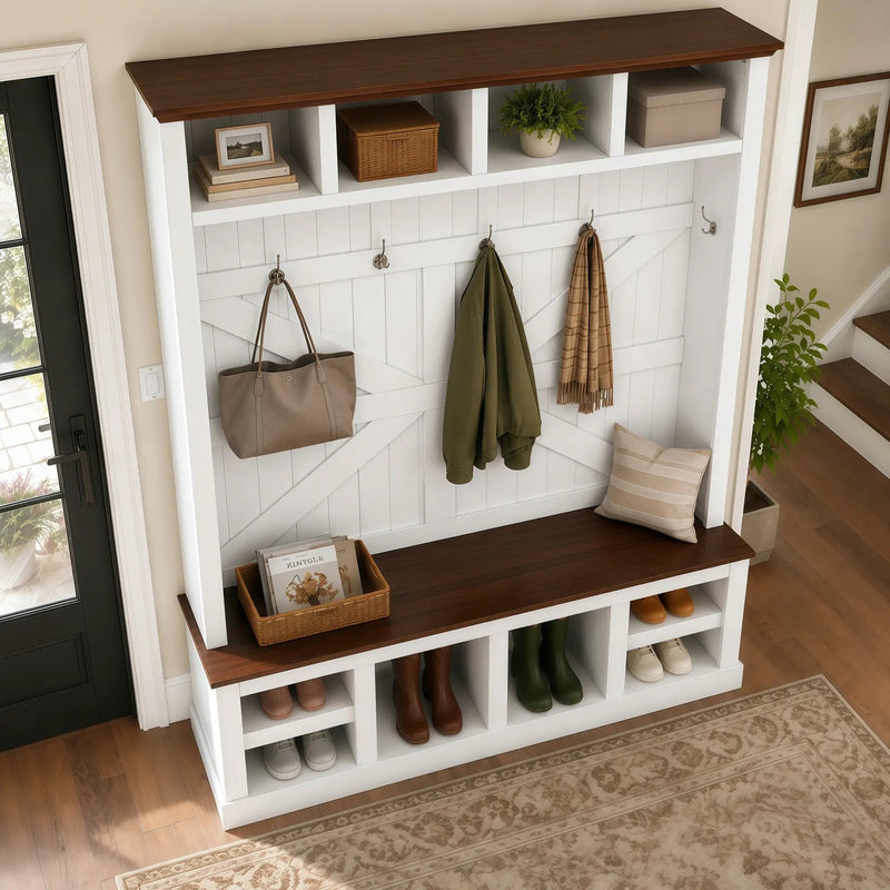 Farmhouse Hall Tree with Bench and Shoe Storage by HouseOfZazla