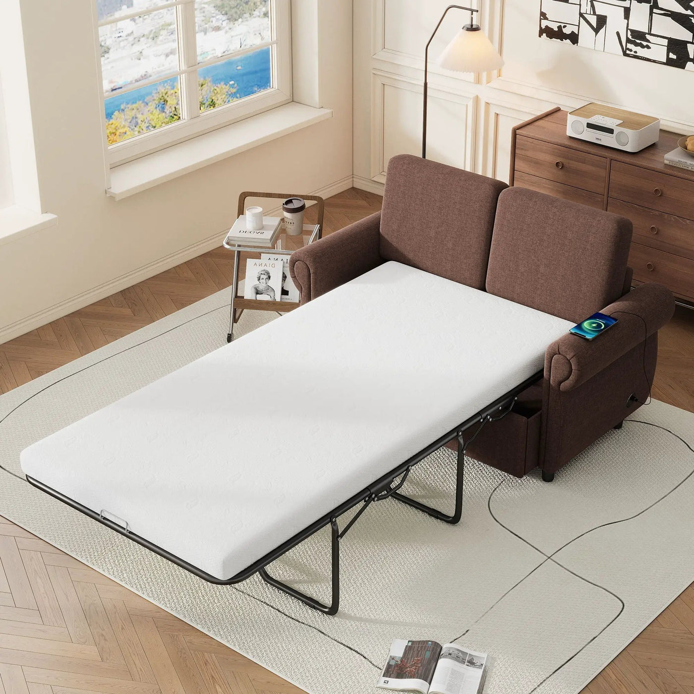 Pull Out Sofa Bed Loveseat Sleeper With Twin Size Memory Mattress With Two USB Ports For Living Room Spaces by HouseOfZazla