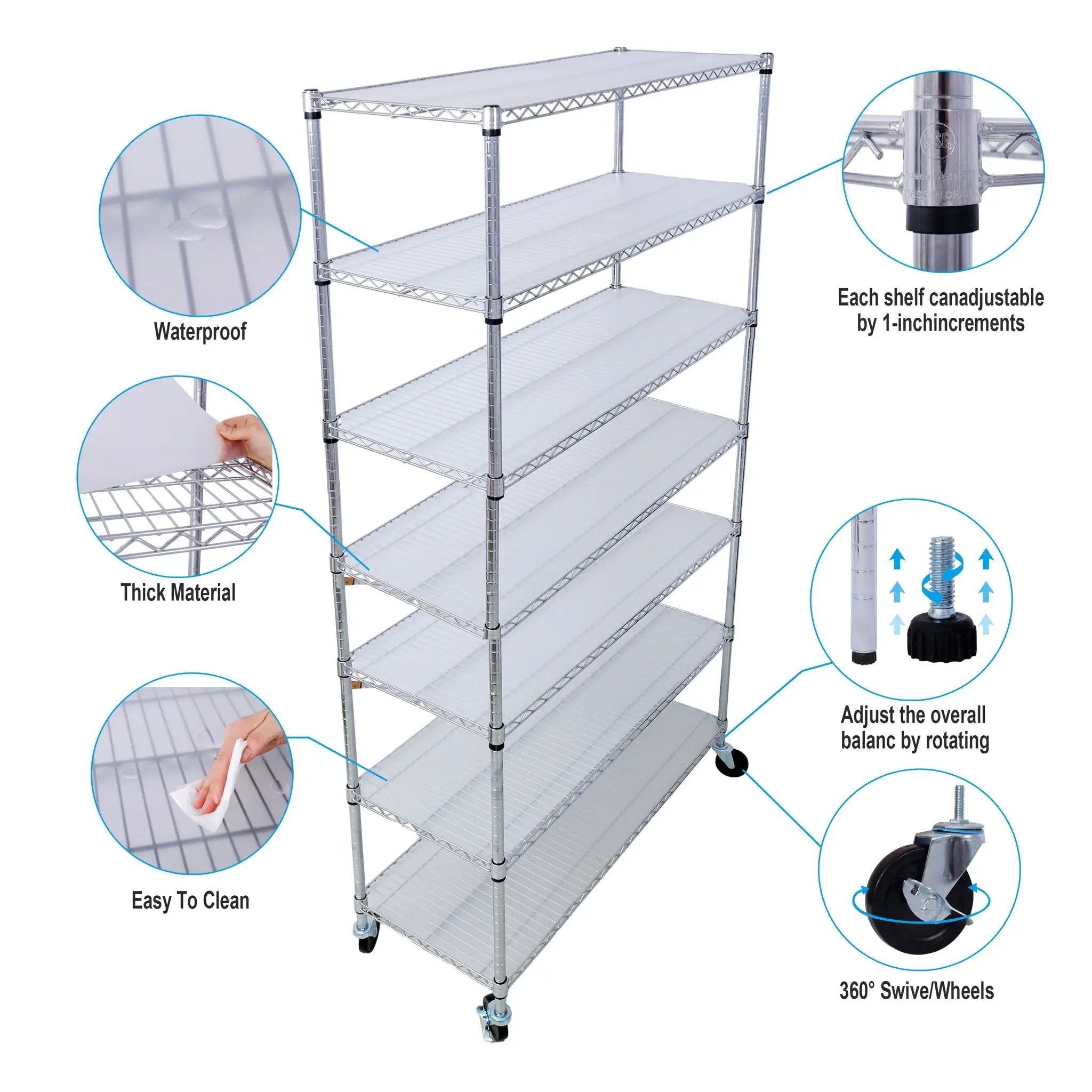 7 Tier Metal Shelf Wire Shelving Unit, 2450Lbs Heavy Duty Adjustable Storage Rack With Wheels & Shelf Liners For Closet Kitchen Garage Basement Commercial Shelving by Unique Piece Furniture