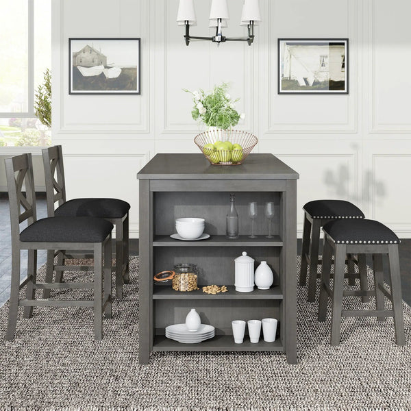 5 Pieces Counter Height Rustic Farmhouse Dining Room Wooden Bar Table Set With 2 Stools And 2 Chairs