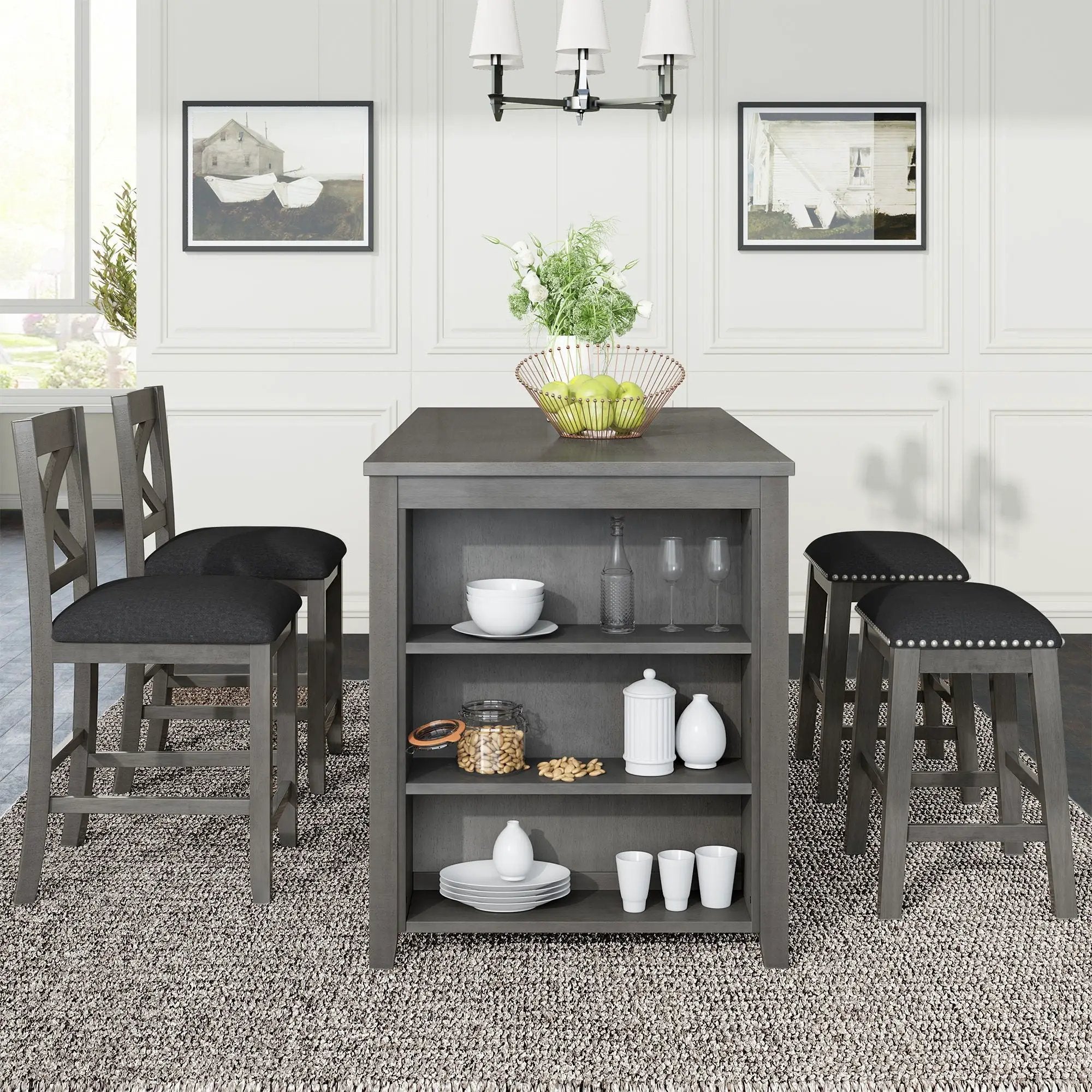 5 Pieces Counter Height Rustic Farmhouse Dining Room Wooden Bar Table Set With 2 Stools And 2 Chairs by HouseOfZazla