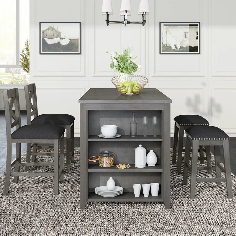 5 Pieces Counter Height Rustic Farmhouse Dining Room Wooden Bar Table Set With 2 Stools And 2 Chairs by HouseOfZazla