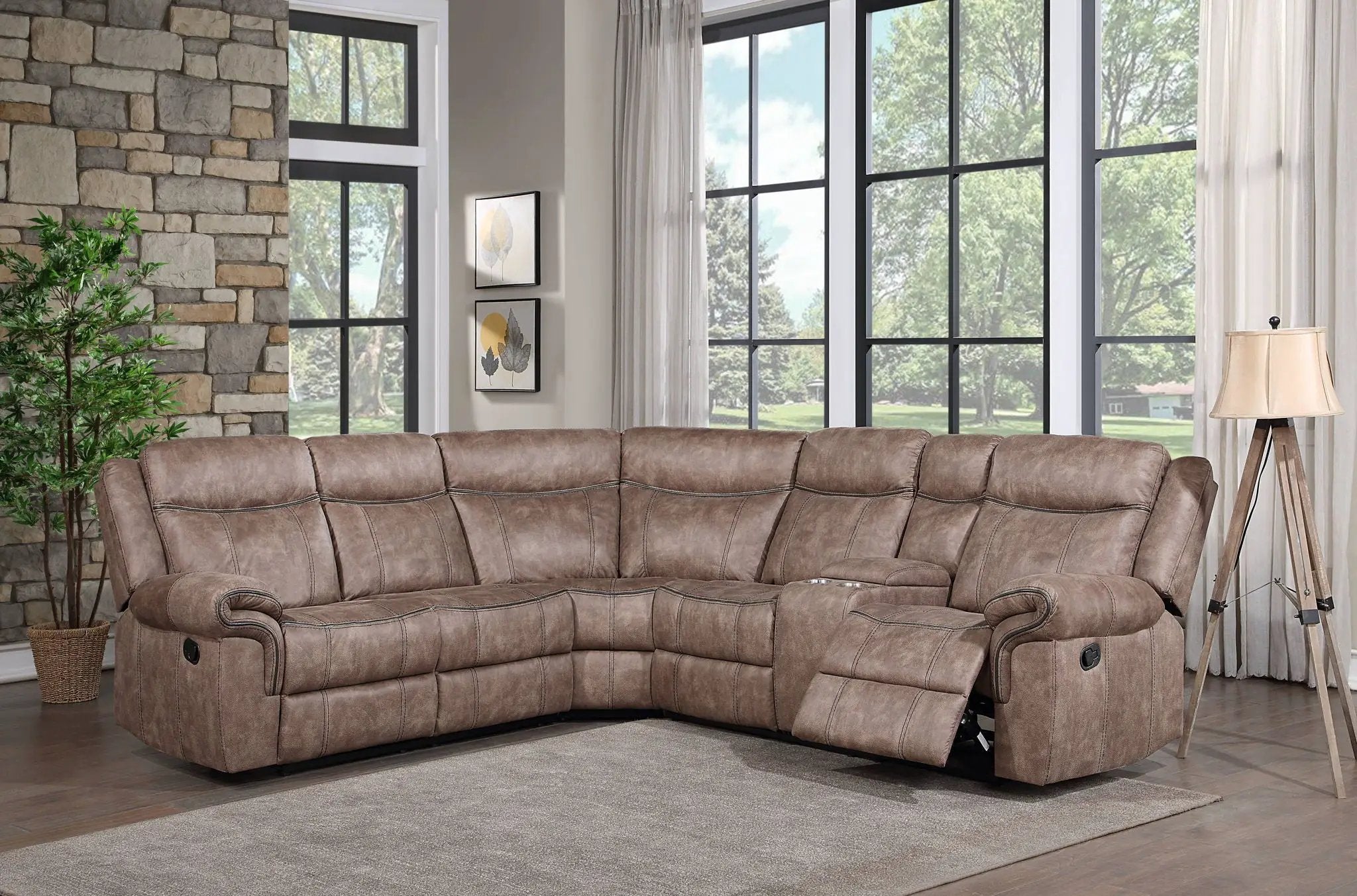 Dollum - Two Tone Nubuck Manual Recliner Sectional Sofa With USB Port Cupholder Console by HouseOfZazla