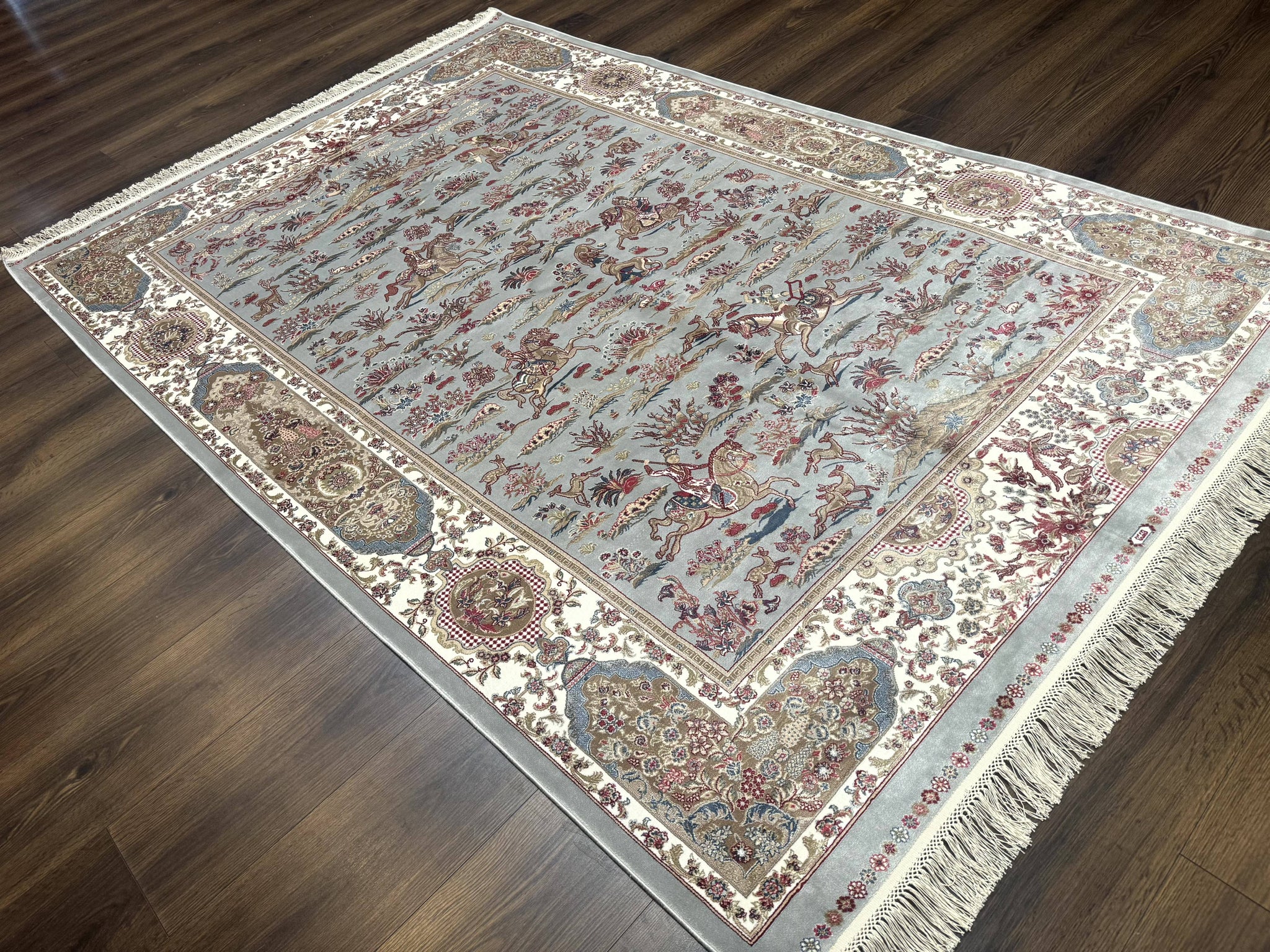 Turkish Silk Rug 5x7, Hunting Design, Animal Pictorials, Bamboo Silk by Jewel Rugs