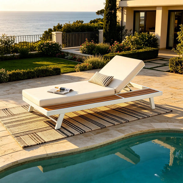 White Iron and Teak Finish Chaise Lounge Set with Cream Cushion