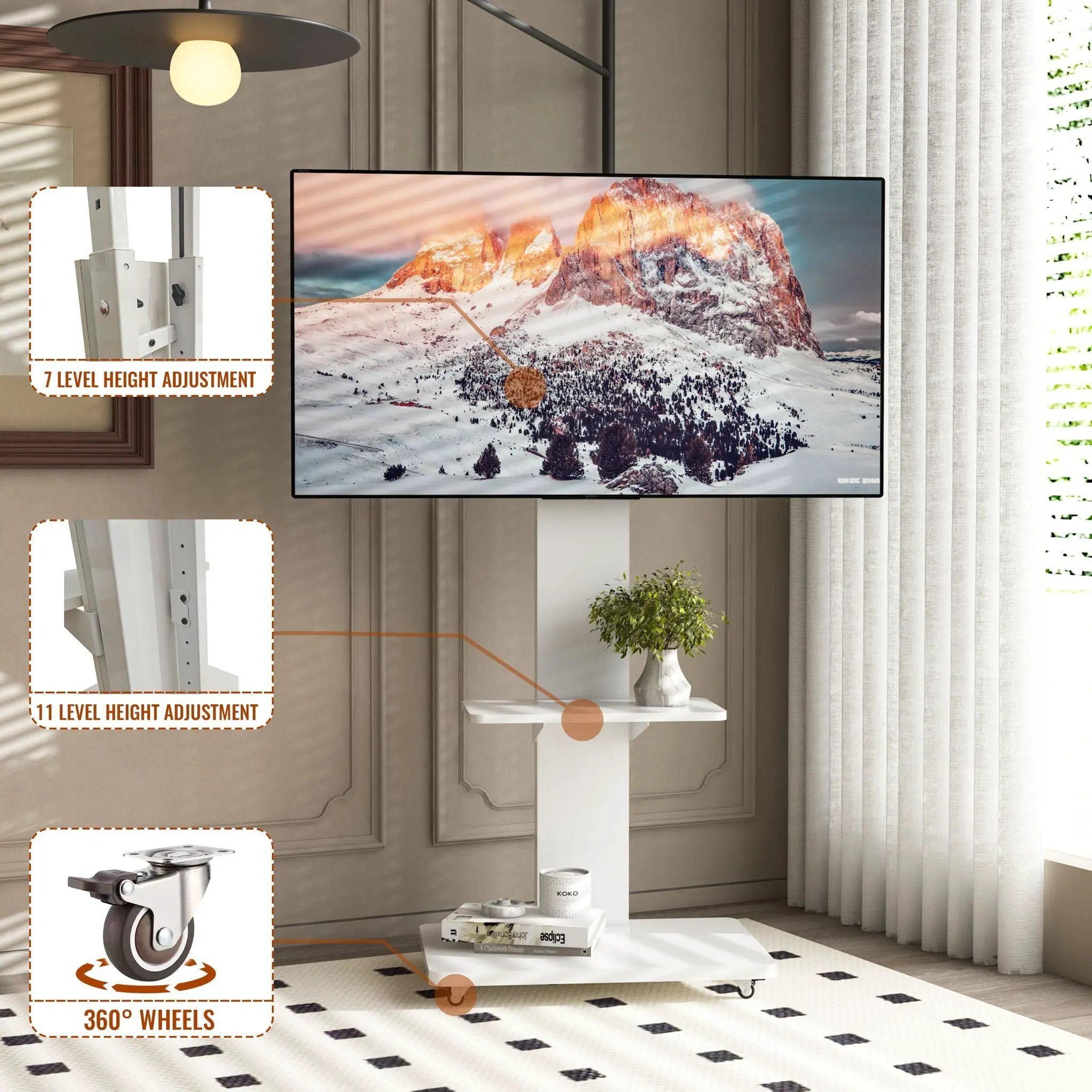 Mobile TV Stand With Shelf Floor Mount Cart For TVs With Lockable Wheels Ideal For Living Room Bedroom Or Office - White by HouseOfZazla