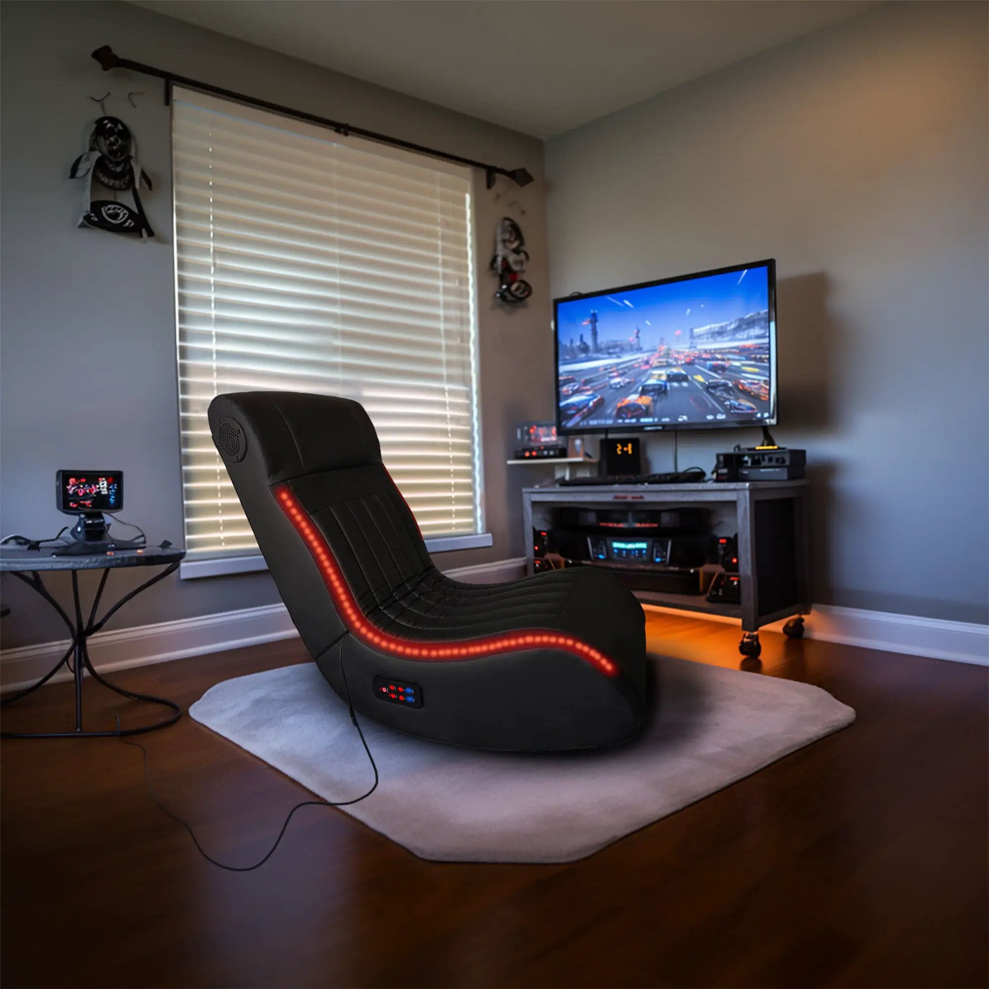 Foldable Gaming Chair With Onboard Speakers, LED Strip Lighting, Bluetooth, Vibration Massage, USB Charging Port - Black by Unique Piece Furniture