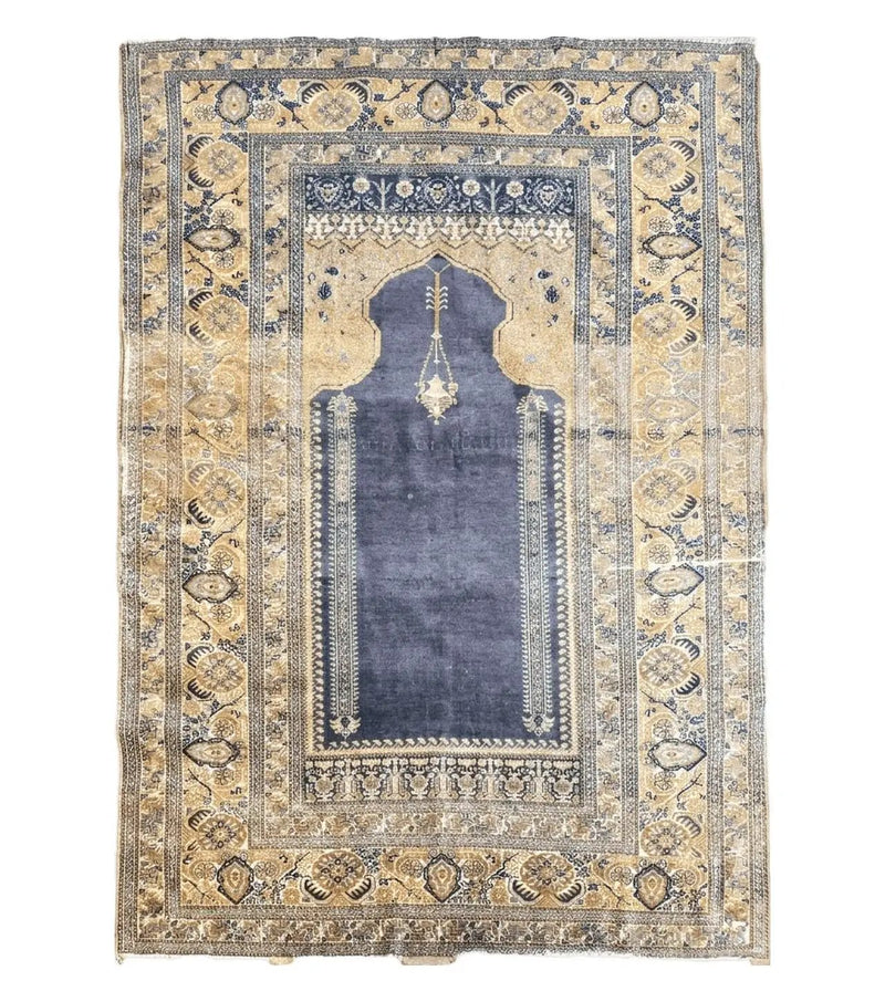 Rare Turkish Ghiordes Prayer Rug 4 x 5.8 ft, Late 19th Century Turkish Oriental Carpet, Mehrab Antique Prayer Rug, Museum Quality, Blue, Tan by Jewel Rugs